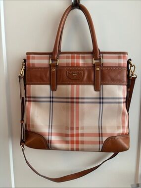 BEANPOLE Plaid Tote Top Handle Bag in Pink and Brown with Crossbody Leather